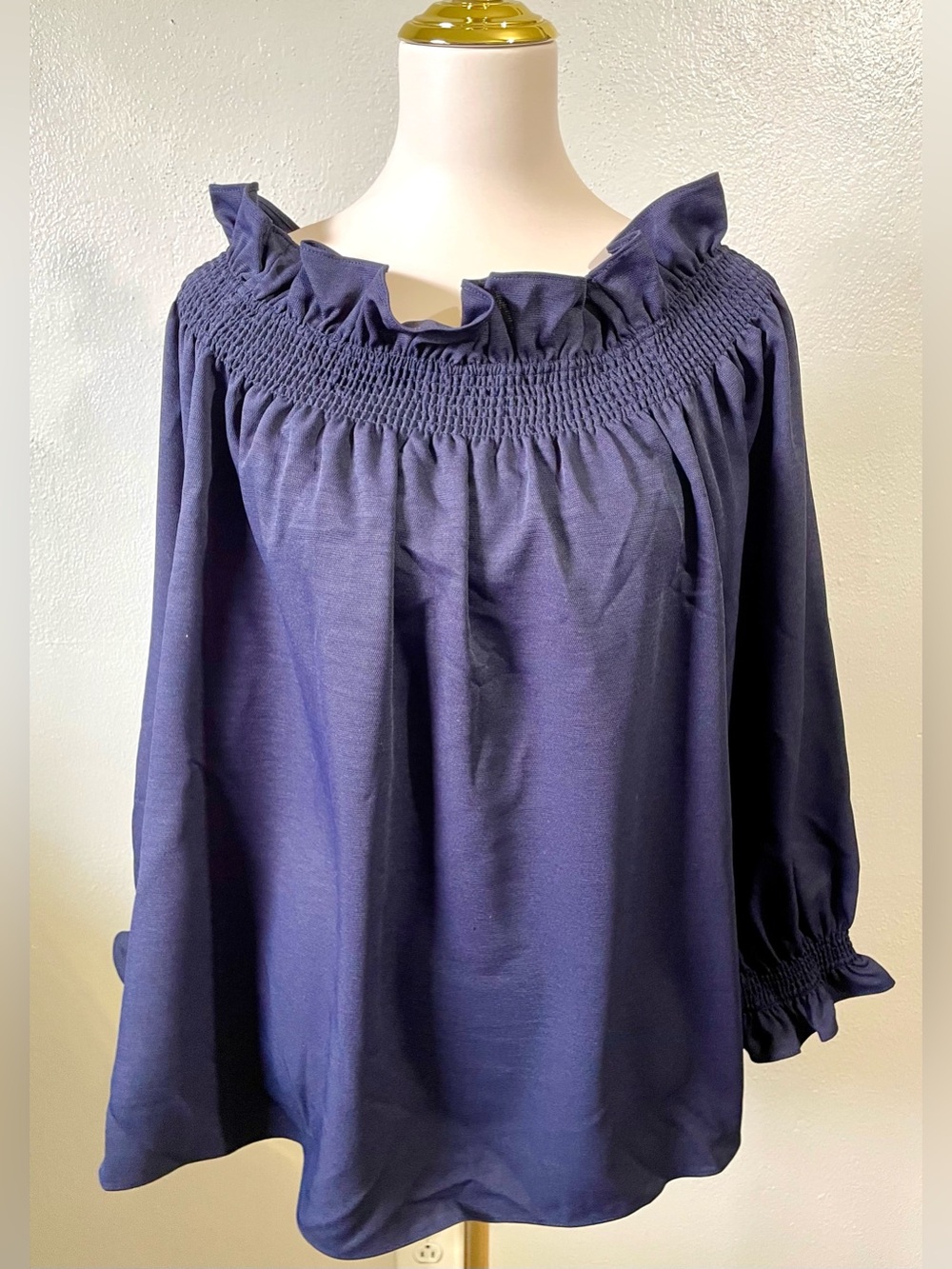 Tuckernuck Navy Smocked Elastic Ruffle Neck Blouse XXXL Balloon Sleeve Romantic
